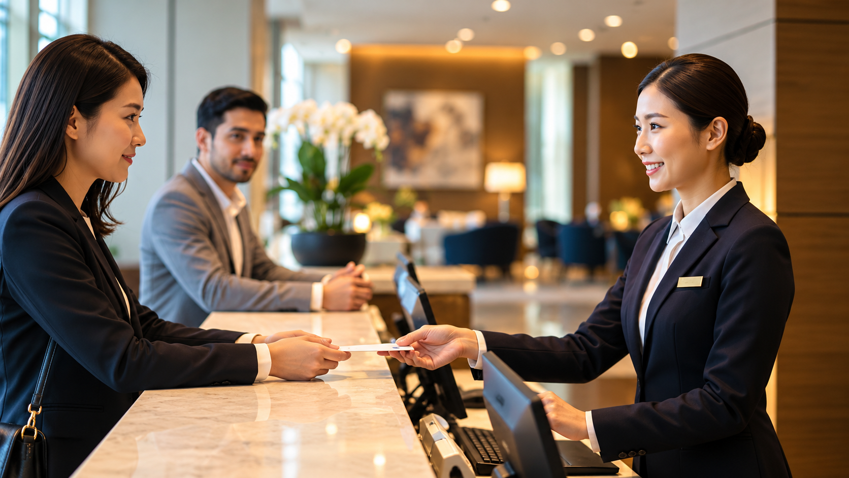Guest being welcomed by a hotel receptionist in a luxury lobby